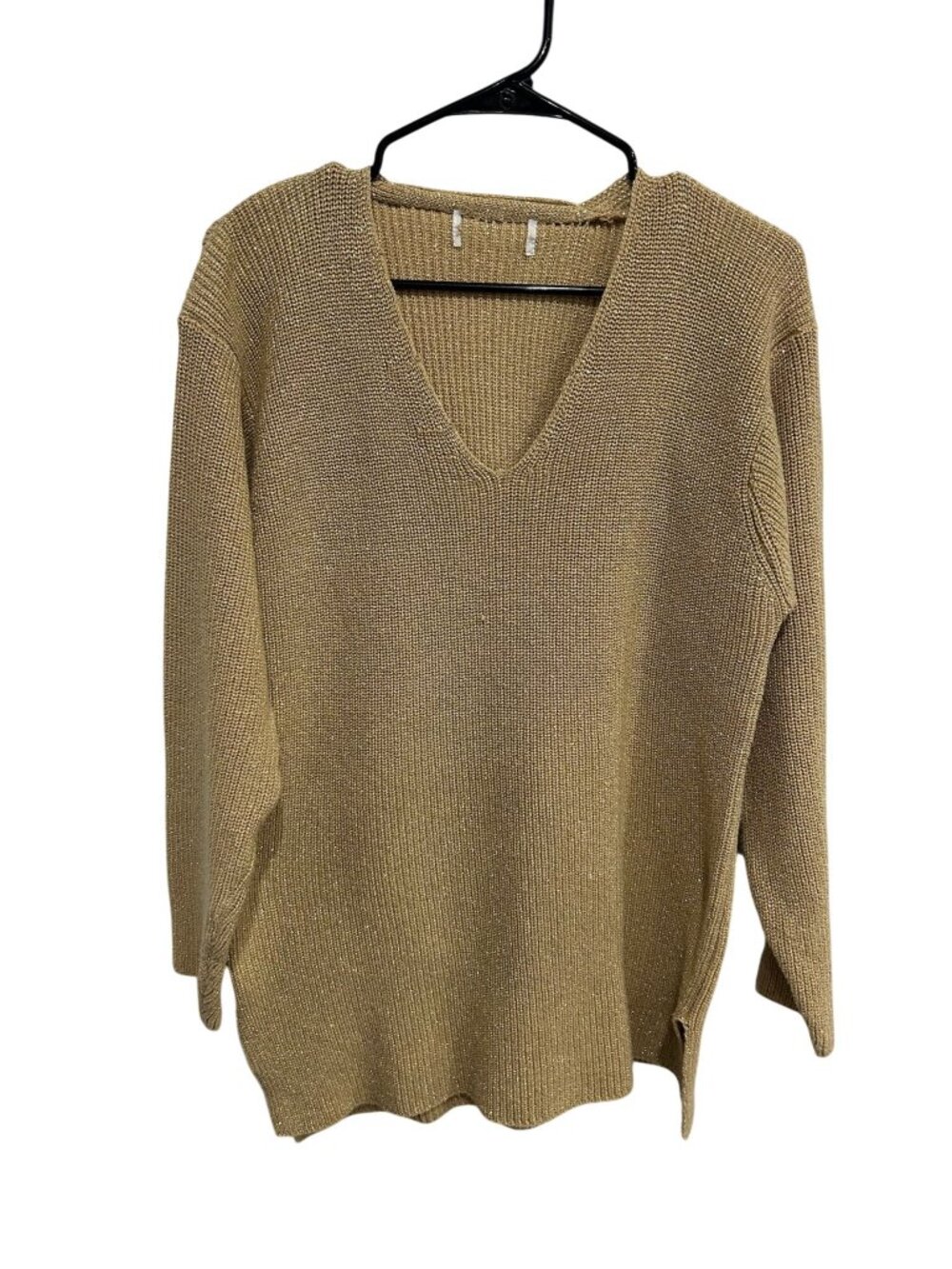 Womens Gold Metallic Shimmer V-Neck Pullover Knit Sweater 90s Minimalism Retro